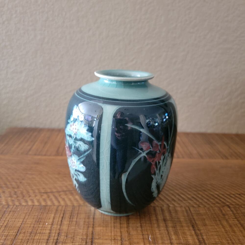 Vintage Hand Painted Ceramic Vase with Floral Motif and Glossy Glaze 6.75 Inch